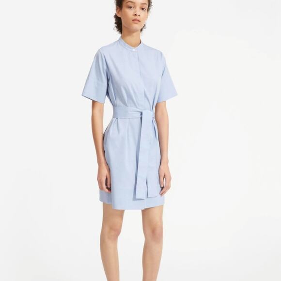 NEW Everlane Blue The Cotton Collarless Belted Short Sleeve Shirt Dress - Picture 1 of 12